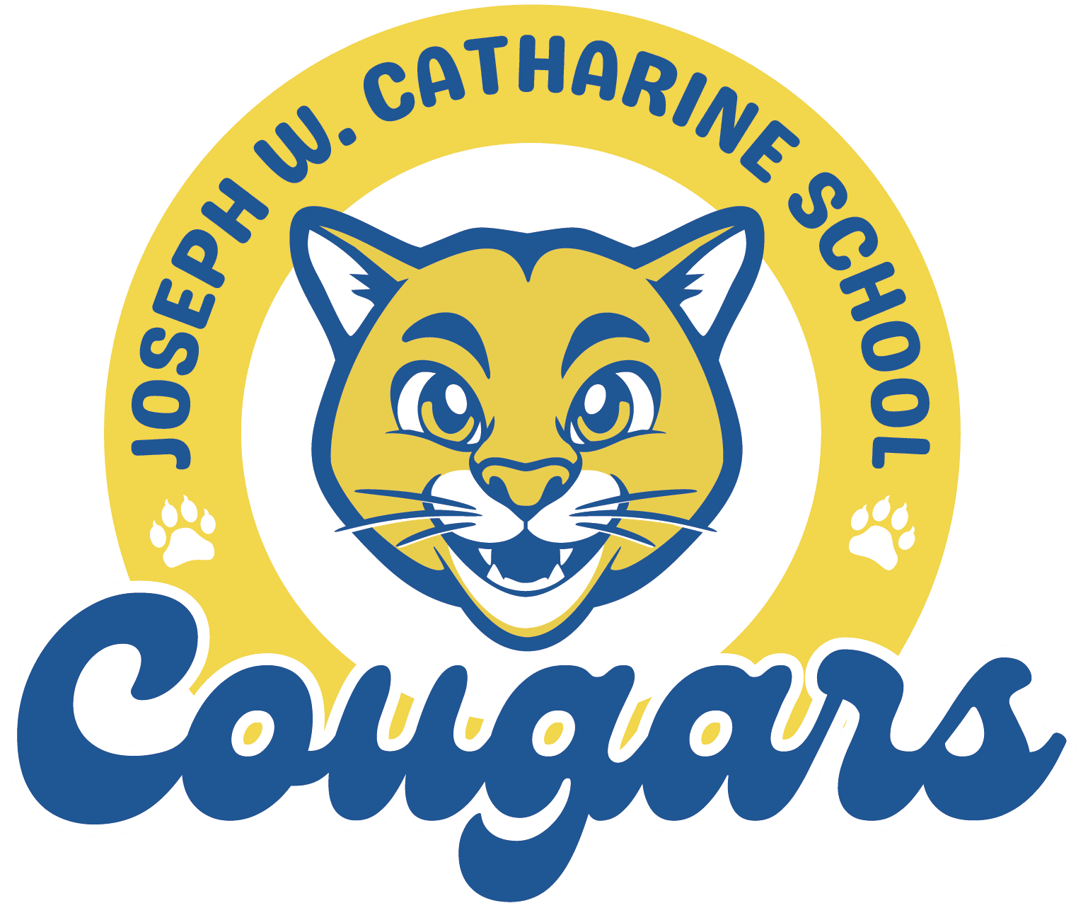 Joseph W. Catharine School Cougars Logo Logo for Joseph W. Catharine Elementary featuring a smiling cartoon cougar head in gold and blue, surrounded by a yellow ring with paw prints and the school name, with the word “Cougars” in large script below.
